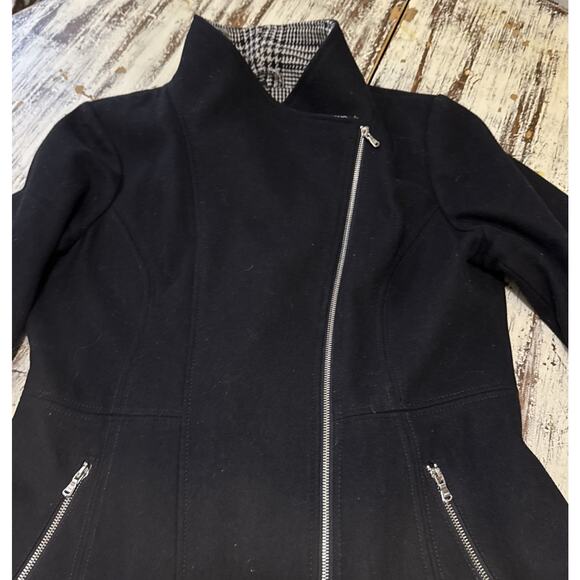 Guess Womens Sz XL BLK Wool Full Zip Up Herringbone Collar Long Tunic Moto Coat - Picture 9 of 15